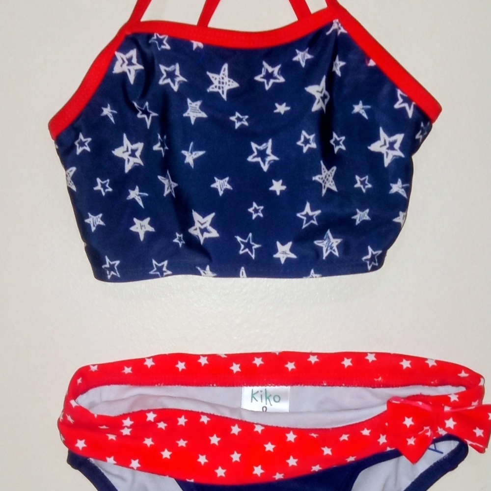 Kiko & Max Navy Star Swim Suit Crop Top with Red Star-Trim Bottoms